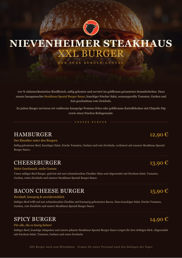Titelseite der XXL-Burgerkarte des Nievenheimer Steakhaus