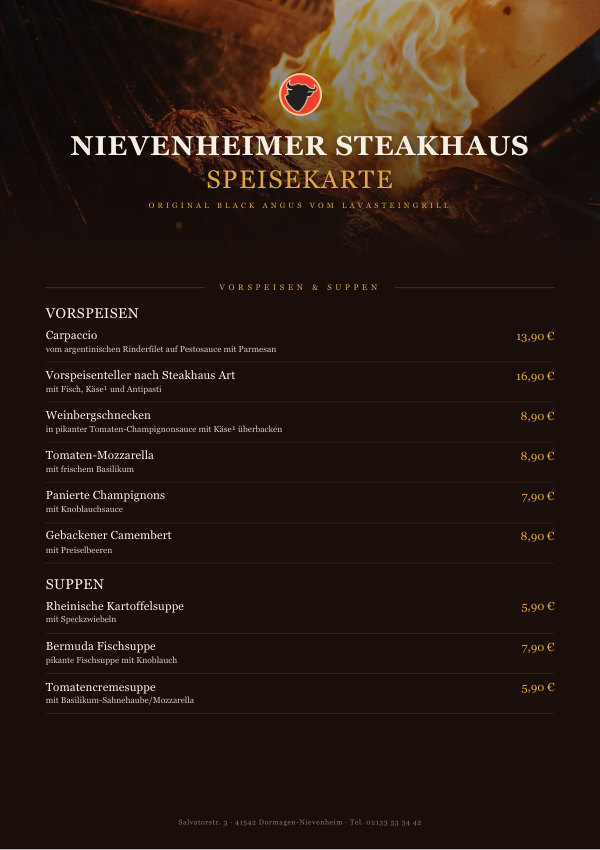 Titelseite der Speisekarte des Nievenheimer Steakhaus